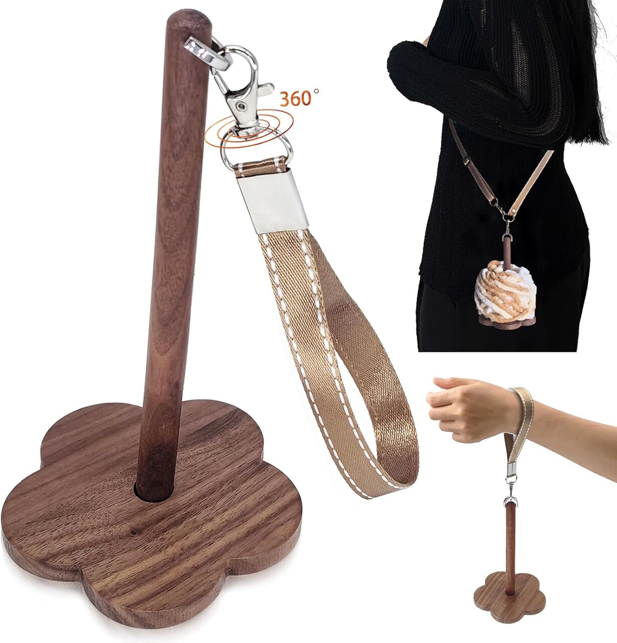 Wrist Yarn Holder, Portable Wrist Yarn Ball Minder Stand,Crossbody Strap (Solid Black Walnut)